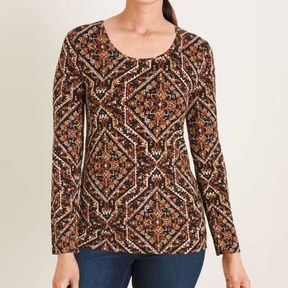 New CHICO'S Knit Tee Shirt Top Brown Multi Size 2 L - Picture 3 of 4